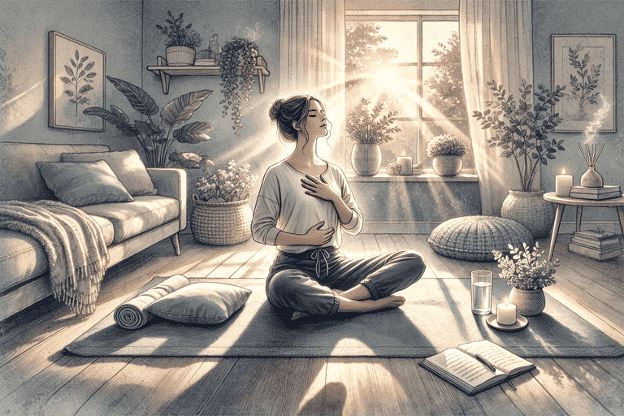 A person sitting cross-legged on a yoga mat, practicing deep breathing and using a grounding technique to manage anxious thoughts.
