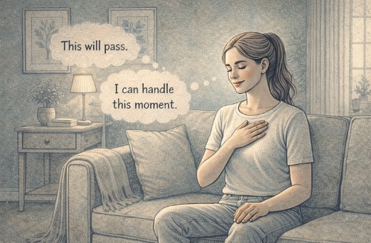 Woman seated on a sofa practicing grounding self-talk, with thought bubbles reading "This will pass" and "I can handle this moment”.