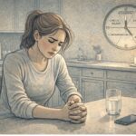 Person sitting at a kitchen table with a troubled expression, hands clasped tightly together, reflecting the tension and mental distress caused by OCD rituals in everyday life.