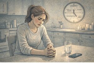 Person sitting at a kitchen table with a troubled expression, hands clasped tightly together, reflecting the tension and mental distress caused by OCD rituals in everyday life.
