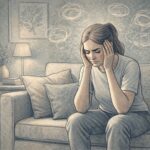 Adult woman sitting alone on a couch, looking distressed, pressing her hands against her temples while lost in anxious, repetitive thoughts.