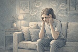 Adult woman sitting alone on a couch, looking distressed, pressing her hands against her temples while lost in anxious, repetitive thoughts.