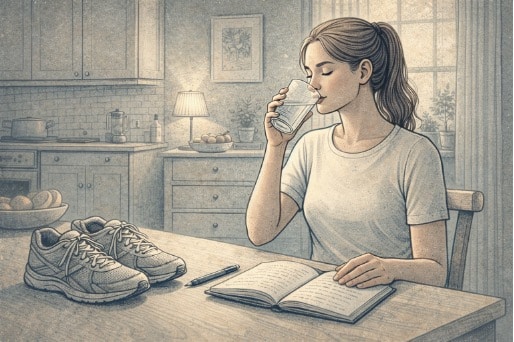 Adult drinking a glass of water at a kitchen table beside a journal and a pair of running shoes, reflecting healthy daily habits for managing anxiety.