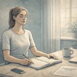 Person sitting at a home desk with a journal and pen, pausing to take a deep breath while practicing anger management exercises in a calm, well-lit room.