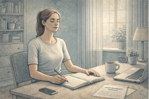 Person sitting at a home desk with a journal and pen, pausing to take a deep breath while practicing anger management exercises in a calm, well-lit room.
