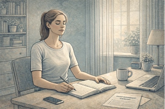 Person sitting at a home desk with a journal and pen, pausing to take a deep breath while practicing anger management exercises in a calm, well-lit room.