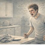 Person standing in a tense posture mid-argument, face flushed with rage over a minor household disagreement, illustrating the disproportionate nature of explosive anger episodes.