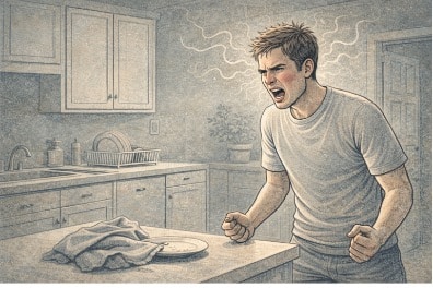 Person standing in a tense posture mid-argument, face flushed with rage over a minor household disagreement, illustrating the disproportionate nature of explosive anger episodes.