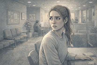 Woman glancing nervously over her shoulder in a quiet public space, displaying the constant alertness associated with trauma-driven hypervigilance.
