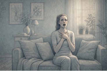 Person clutching their chest with a racing heartbeat, face tense and pale, visibly overwhelmed during the peak of a panic attack episode.