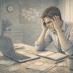 Frustrated professional sitting at an office desk with head in hands, tense shoulders, and a laptop open, showing the strain of workplace anger.