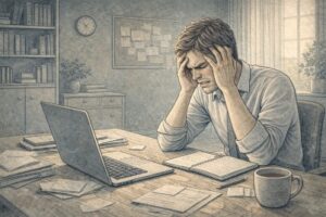 Frustrated professional sitting at an office desk with head in hands, tense shoulders, and a laptop open, showing the strain of workplace anger.