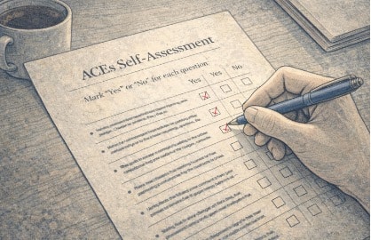 Close-up of a hand checking boxes on a printed ACEs childhood trauma self-assessment questionnaire.