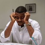Man sitting at desk with head in hands needing support with anxiety and blood sugar levels