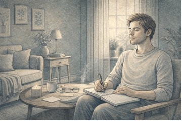 Man journaling in a quiet living room while practicing slow breathing, actively using grounding techniques to manage overthinking.