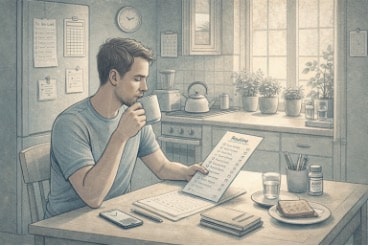 Adult following a structured morning routine, checking a written schedule while drinking coffee at a tidy kitchen table, building daily habits to manage ADHD.