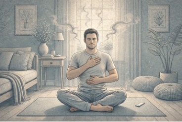 Man practicing calming breathwork on a yoga mat at home, one hand on his chest, the other on his stomach to reduce building anger.