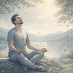 A man sitting cross-legged by a tranquil lake, eyes closed, and face lifted, practicing calm breathing to ease anxiety and panic attack symptoms.