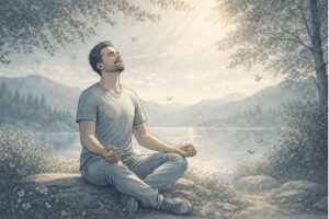 A man sitting cross-legged by a tranquil lake, eyes closed, and face lifted, practicing calm breathing to ease anxiety and panic attack symptoms