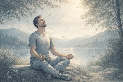 A man sitting cross-legged by a tranquil lake, eyes closed, and face lifted, practicing calm breathing to ease anxiety and panic attack symptoms.