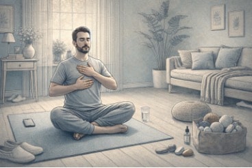 Adult practicing deep breathing and grounding exercises on a yoga mat at home, working through anxiety management techniques to manage panic attack symptoms.