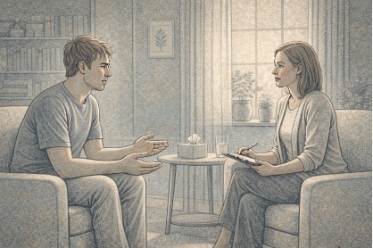 Adult in a calm outpatient therapy session discussing childhood trauma with a trauma-focused counselor.