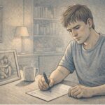 Adult reviewing an ACEs childhood trauma checklist at a desk with a thoughtful expression.