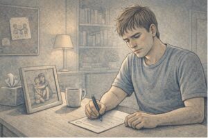 Adult reviewing an ACEs childhood trauma checklist at a desk with a thoughtful expression.