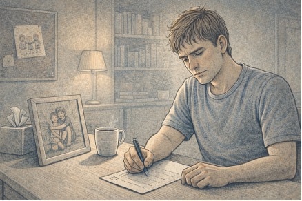 Adult reviewing an ACEs childhood trauma checklist at a desk with a thoughtful expression.