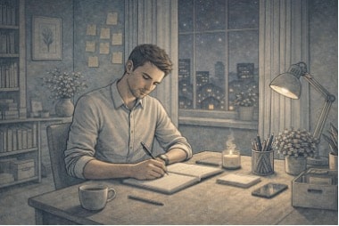 Professional journaling at a home desk in the evening, reflecting on the workday as part of a healthy routine to manage anger.
