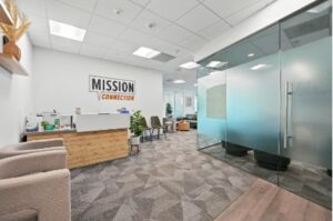 Mission Connection outpatient mental health facility with a welcoming reception area designed to provide a safe and comfortable environment for trauma recovery.