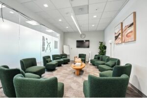 Mission Connection outpatient therapy room with comfortable seating and warm lighting, designed for individual and group counseling sessions for anxiety treatment.