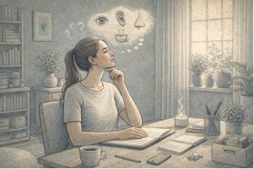 Woman pausing at her desk and looking thoughtfully around the room, using her senses to ground herself during a moment of overthinking.