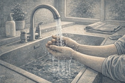 Person holding their hands under cold running water at a kitchen sink, using a temperature-based grounding technique during a derealization episode.