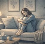 Adult sitting alone on a couch, arms wrapped around their knees, conveying the emotional weight of unresolved trauma.