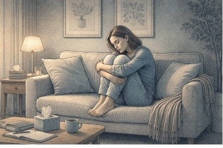 Adult sitting alone on a couch, arms wrapped around their knees, conveying the emotional weight of unresolved trauma.
