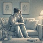 Adult sitting alone on a couch looking withdrawn, reflecting the weight of unresolved complex PTSD symptoms in adults.