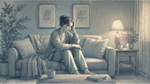 Adult sitting alone on a couch looking withdrawn, reflecting the weight of unresolved complex PTSD symptoms in adults.