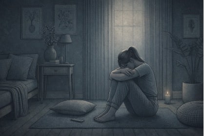 Woman sitting with head down and arms crossed in a dim room, showing chronic shame tied to complex PTSD symptoms.