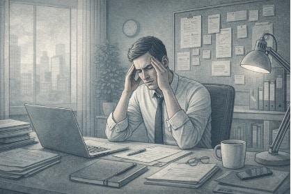 Man at a cluttered desk pressing his hands to his temples, showing the physical toll of complex PTSD symptoms in adults.