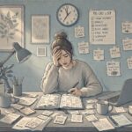 Adult sitting at a desk, looking overwhelmed by scattered notes, an open planner, and an unfinished to-do list, struggling to stay organized with ADHD.