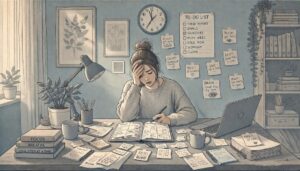 Adult sitting at a desk, looking overwhelmed by scattered notes, an open planner, and an unfinished to-do list, struggling with ADHD organization