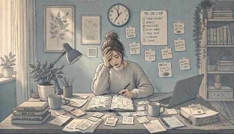 Adult sitting at a desk, looking overwhelmed by scattered notes, an open planner, and an unfinished to-do list, struggling to stay organized with ADHD.