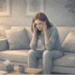 A young adult sitting on a couch with a troubled expression, hands on their temples, representing persistent, anxious, intrusive thoughts.