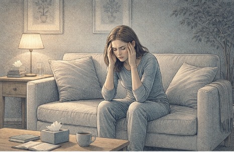 A young adult sitting on a couch with a troubled expression, hands on their temples, representing persistent, anxious, intrusive thoughts.