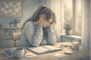 Young woman sitting by a window with her head in her hands, looking overwhelmed by racing thoughts and mental exhaustion, in need of grounding techniques for overthinking