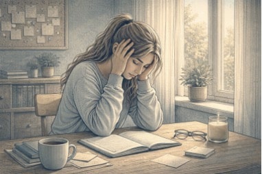 Young woman sitting by a window with her head in her hands, looking overwhelmed by racing thoughts and mental exhaustion, in need of grounding techniques for overthinking