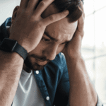 Man with head in hands needing support with breathwork for mental health