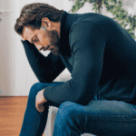 Man sitting on couch with head resting on hand worrying about serotonin and depression