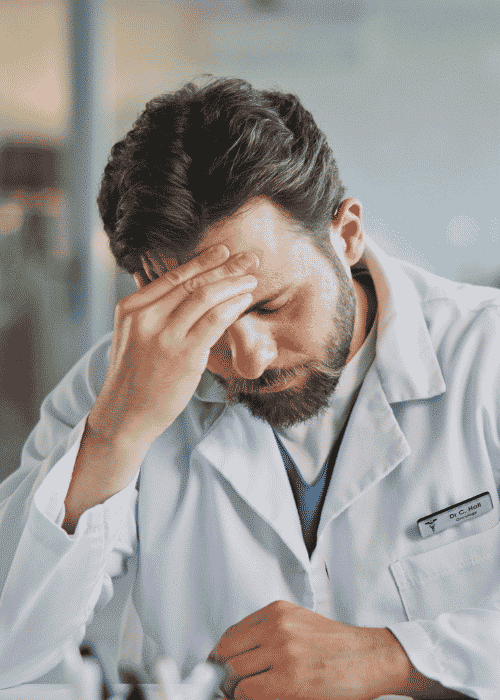Male doctor sitting at desk with head in hands needing support with brain fog and cognitive impairment